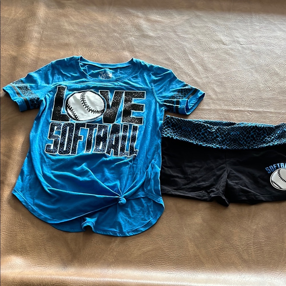 Justice Brand Size 16 Blue Softball Graphic Tee and Shorts Set